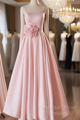 Pink Straps Sweetheart Long Satin Wedding Party Dress, Pink Formal Dress Semi Formal Prom Dress